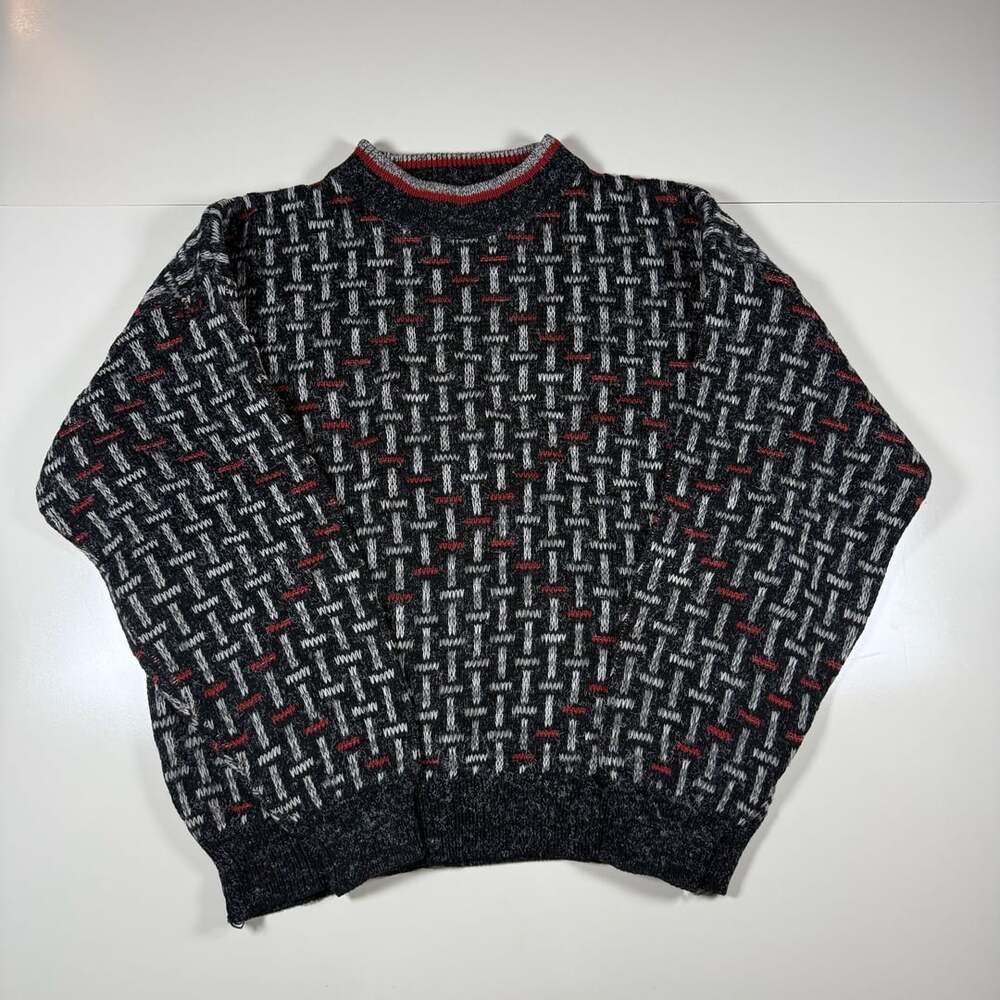 Vintage McGregor Men's Geometric Knit Crewneck Sweater Black Red Size Large